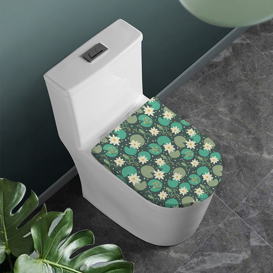 Frogs And Water Lilies Pattern Print Toilet Lid Cover
