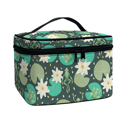 Frogs And Water Lilies Pattern Print Travel Makeup Bag