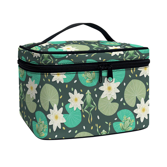 Frogs And Water Lilies Pattern Print Travel Makeup Bag