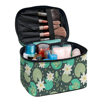 Frogs And Water Lilies Pattern Print Travel Makeup Bag