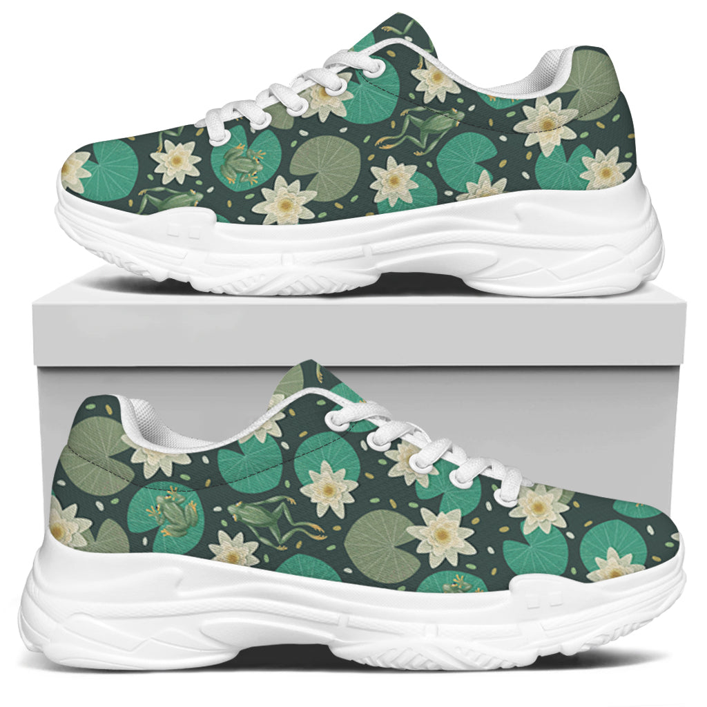 Frogs And Water Lilies Pattern Print White Chunky Shoes