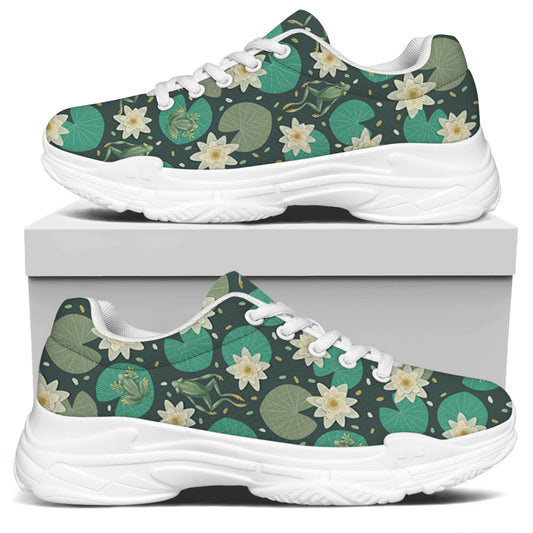 Frogs And Water Lilies Pattern Print White Chunky Shoes