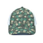 Frogs And Water Lilies Pattern Print White Mesh Trucker Cap