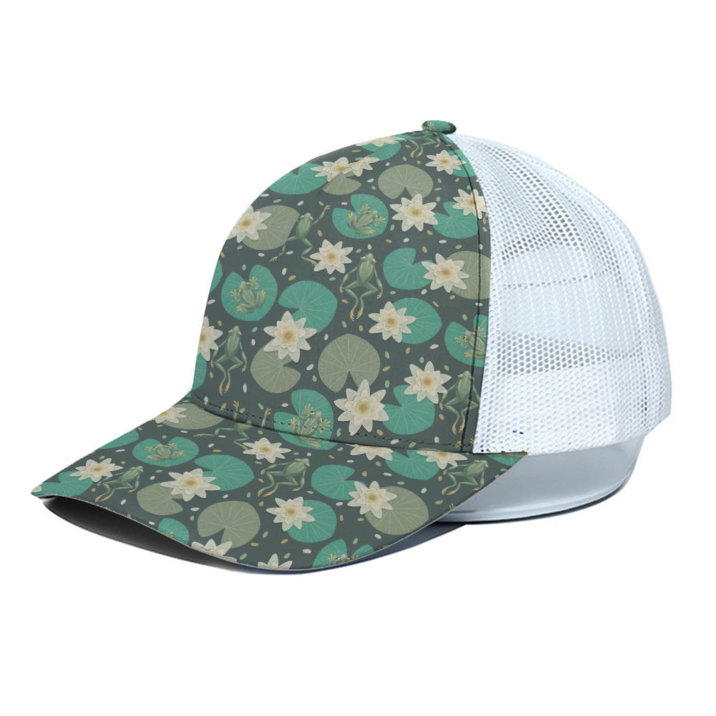 Frogs And Water Lilies Pattern Print White Mesh Trucker Cap