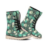 Frogs And Water Lilies Pattern Print Winter Boots