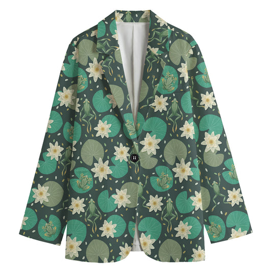 Frogs And Water Lilies Pattern Print Women's Blazer