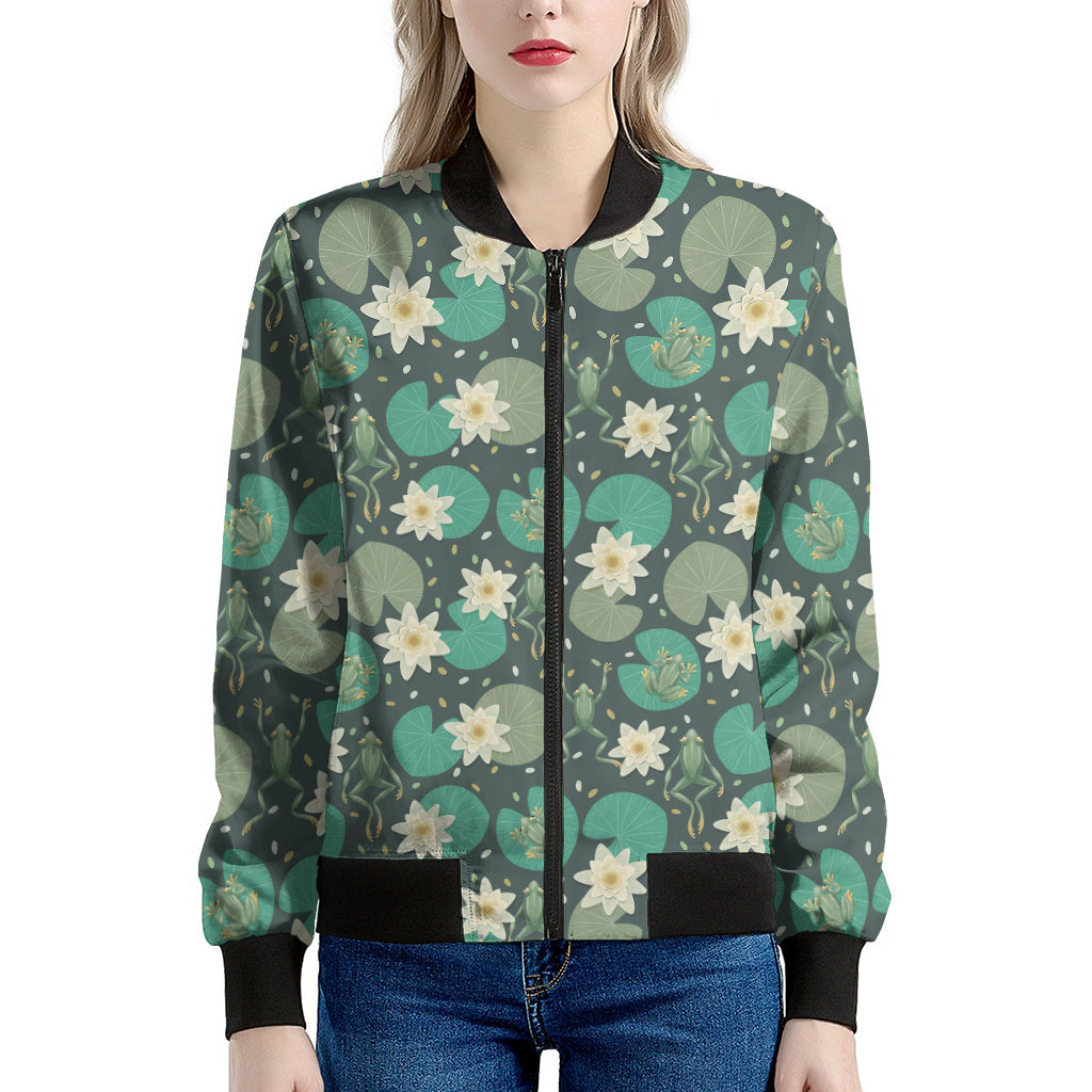 Frogs And Water Lilies Pattern Print Women's Bomber Jacket