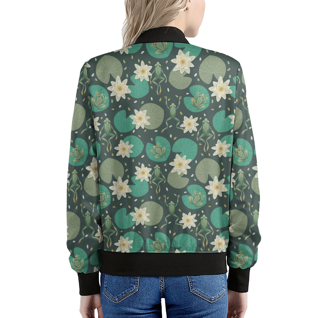 Frogs And Water Lilies Pattern Print Women's Bomber Jacket