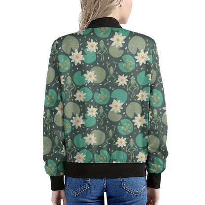 Frogs And Water Lilies Pattern Print Women's Bomber Jacket