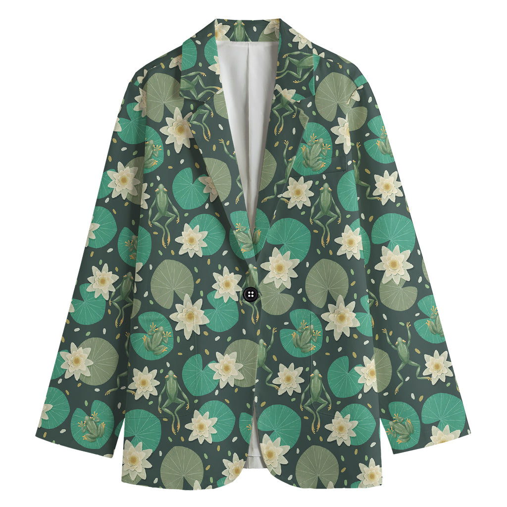 Frogs And Water Lilies Pattern Print Women's Cotton Blazer