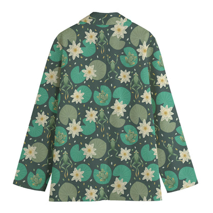 Frogs And Water Lilies Pattern Print Women's Cotton Blazer