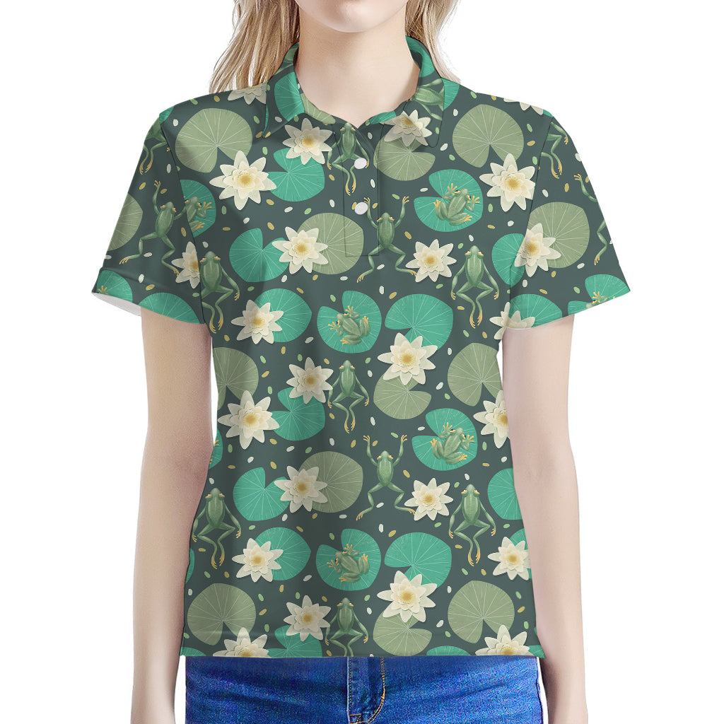 Frogs And Water Lilies Pattern Print Women's Polo Shirt