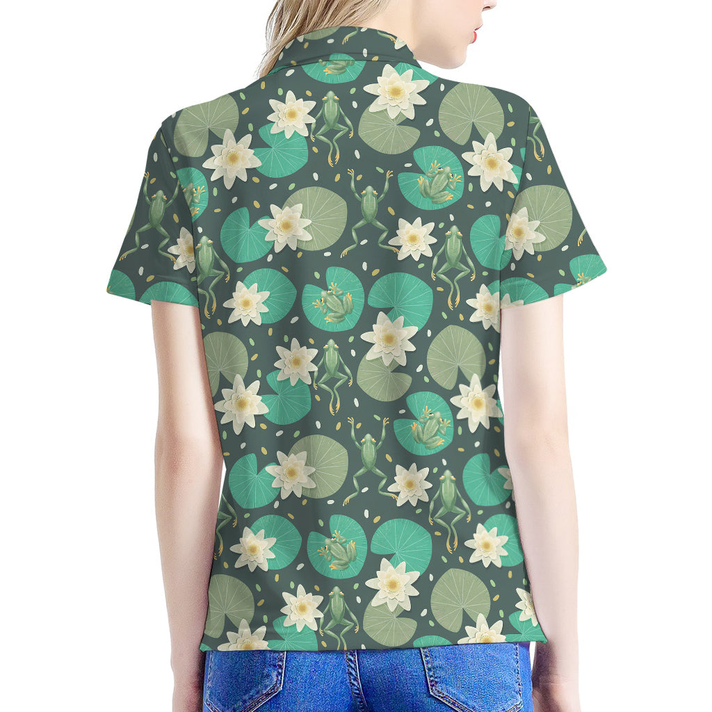 Frogs And Water Lilies Pattern Print Women's Polo Shirt
