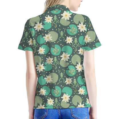 Frogs And Water Lilies Pattern Print Women's Polo Shirt