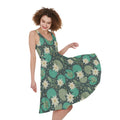 Frogs And Water Lilies Pattern Print Sleeveless Knee Length Dress