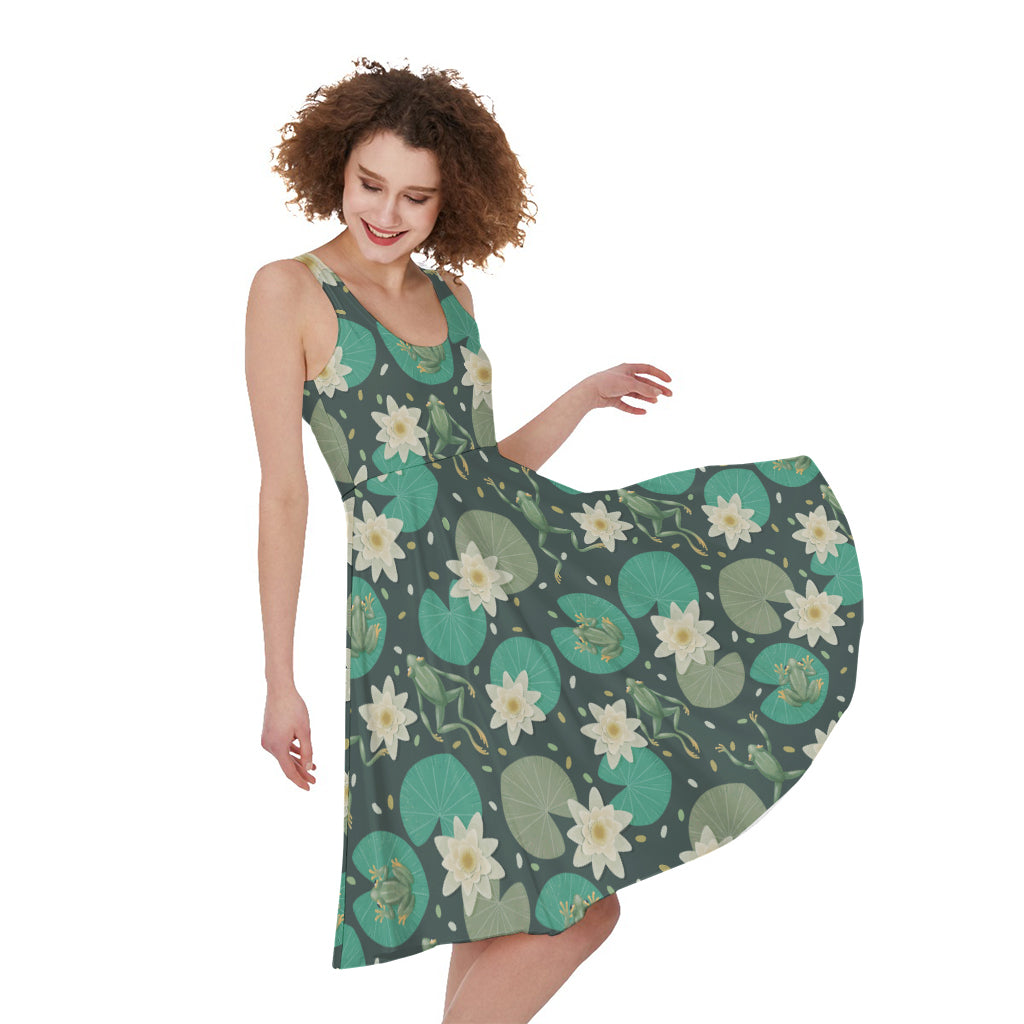 Frogs And Water Lilies Pattern Print Women's Sleeveless Dress
