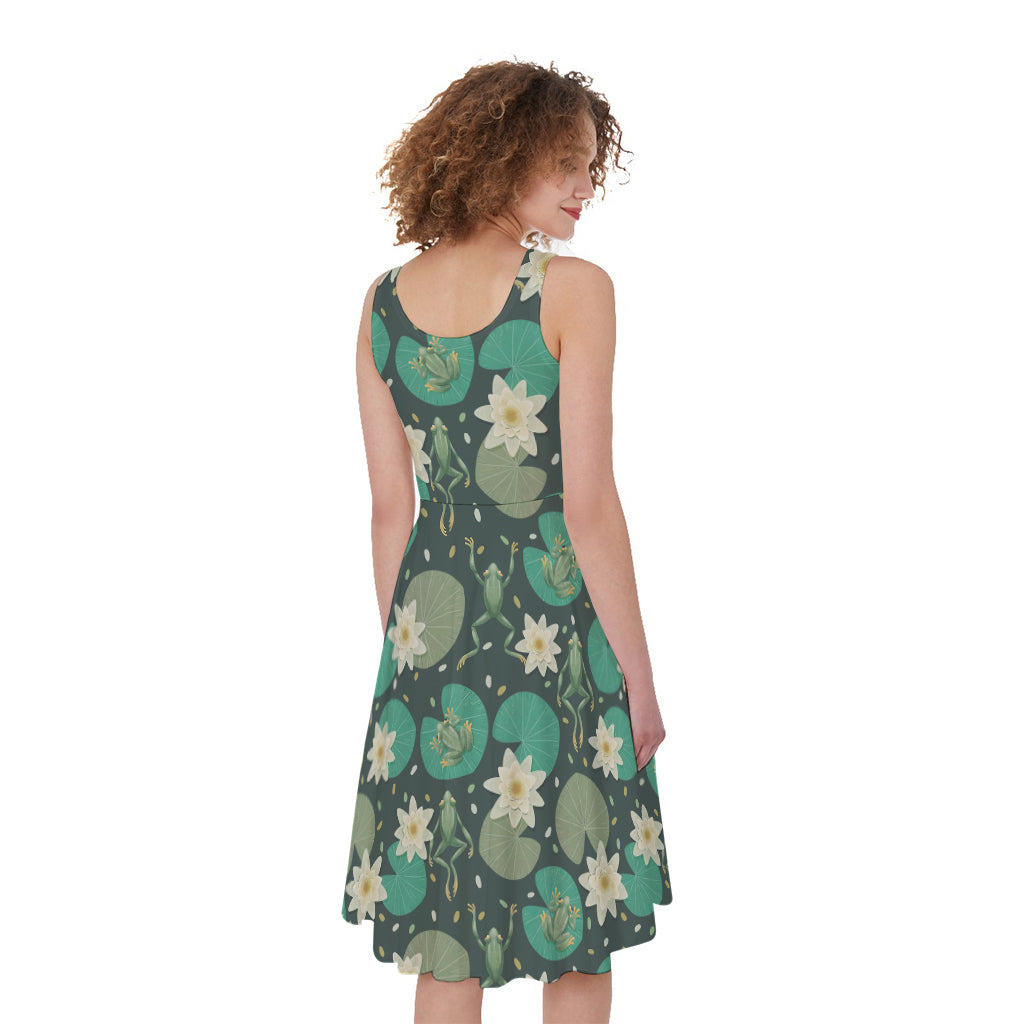 Frogs And Water Lilies Pattern Print Women's Sleeveless Dress