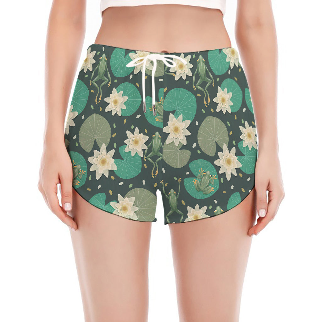 Frogs And Water Lilies Pattern Print Women's Split Running Shorts
