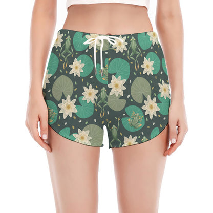 Frogs And Water Lilies Pattern Print Women's Split Running Shorts