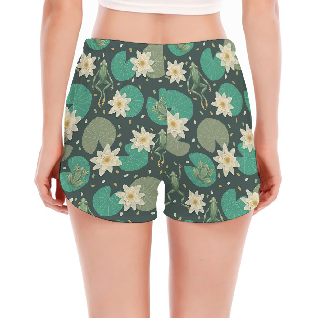 Frogs And Water Lilies Pattern Print Women's Split Running Shorts