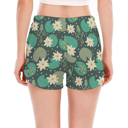 Frogs And Water Lilies Pattern Print Women's Split Running Shorts