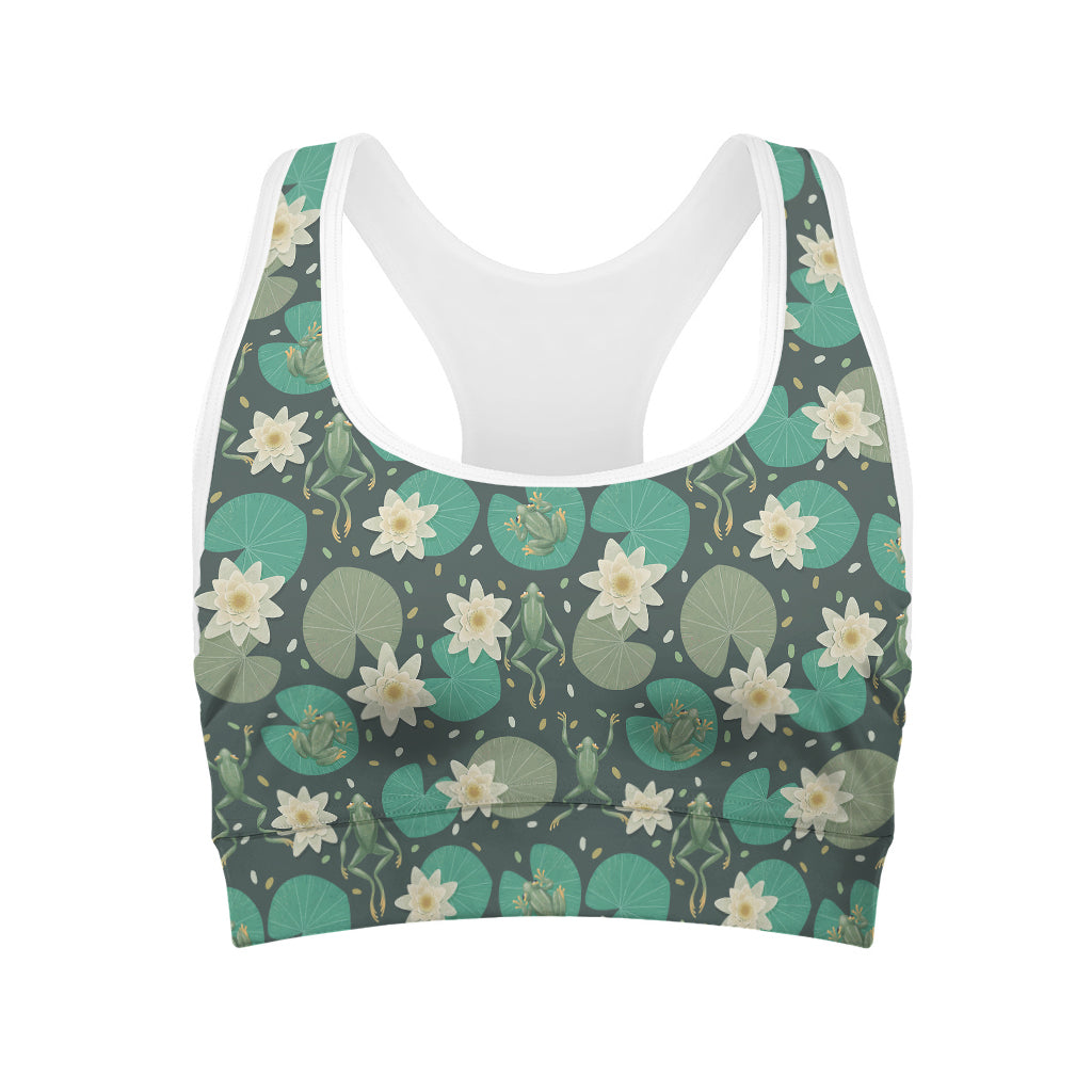 Frogs And Water Lilies Pattern Print Women's Sports Bra