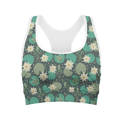 Frogs And Water Lilies Pattern Print Women's Sports Bra