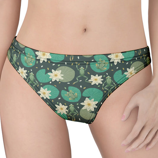 Frogs And Water Lilies Pattern Print Women's Thong