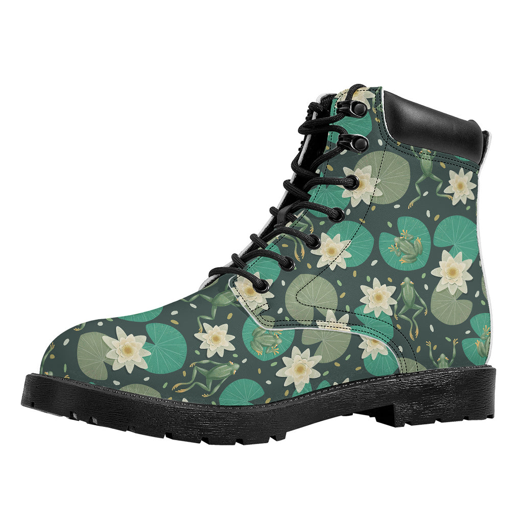 Frogs And Water Lilies Pattern Print Work Boots