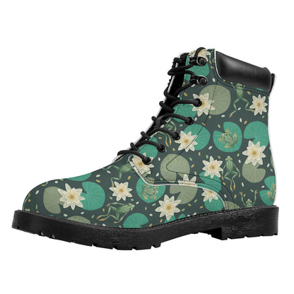 Frogs And Water Lilies Pattern Print Work Boots