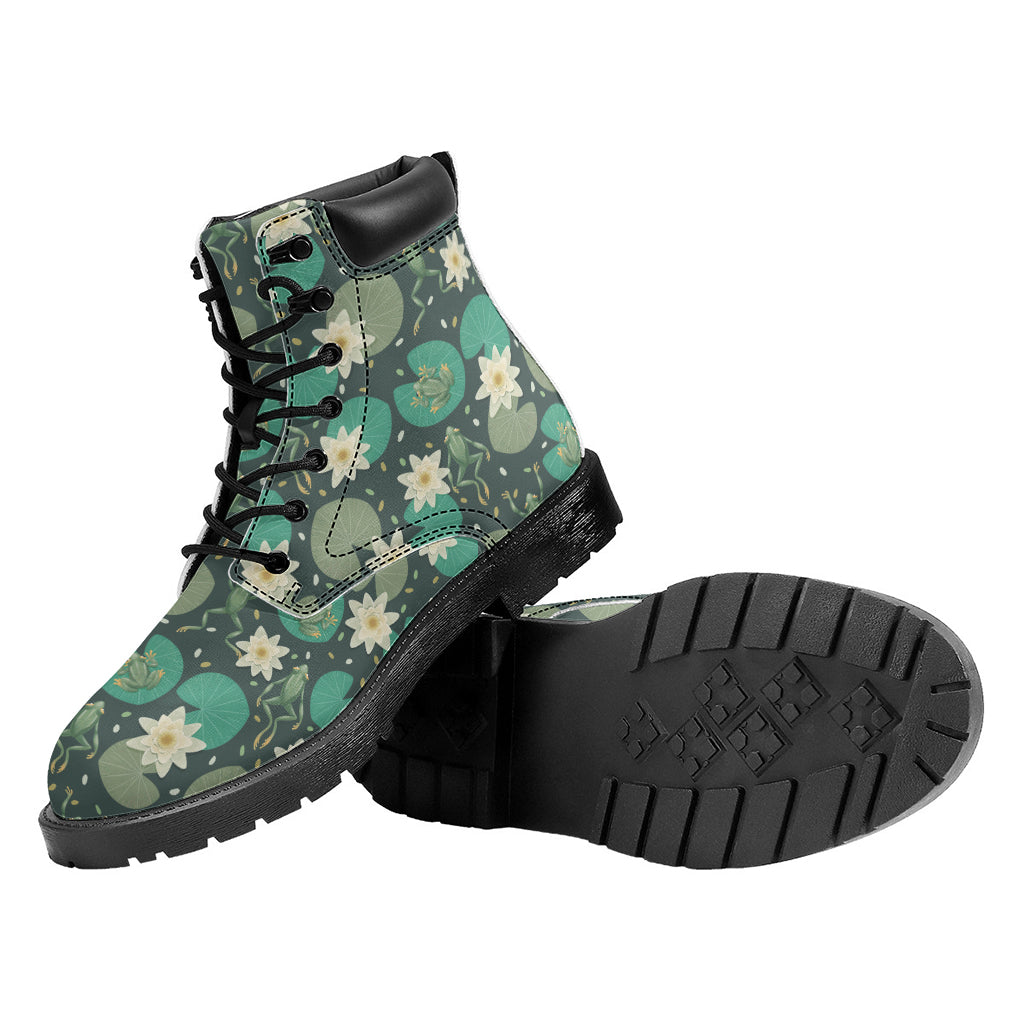 Frogs And Water Lilies Pattern Print Work Boots