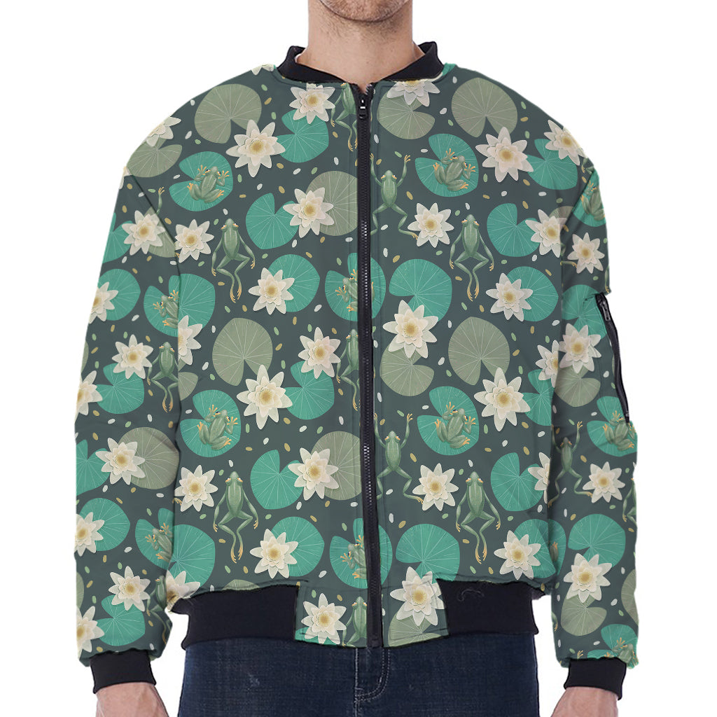 Frogs And Water Lilies Pattern Print Zip Sleeve Bomber Jacket