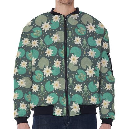 Frogs And Water Lilies Pattern Print Zip Sleeve Bomber Jacket