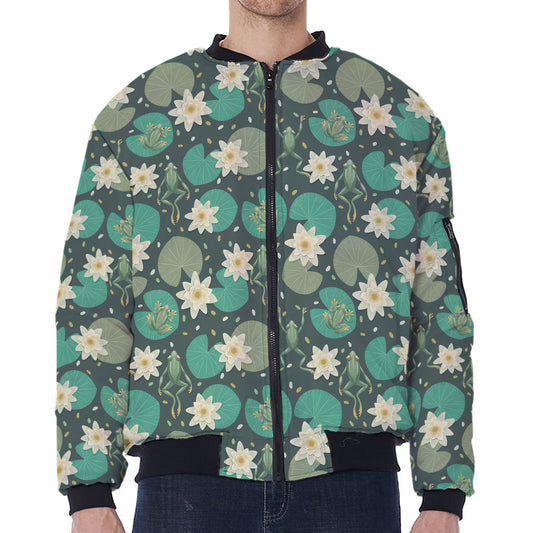 Frogs And Water Lilies Pattern Print Zip Sleeve Bomber Jacket