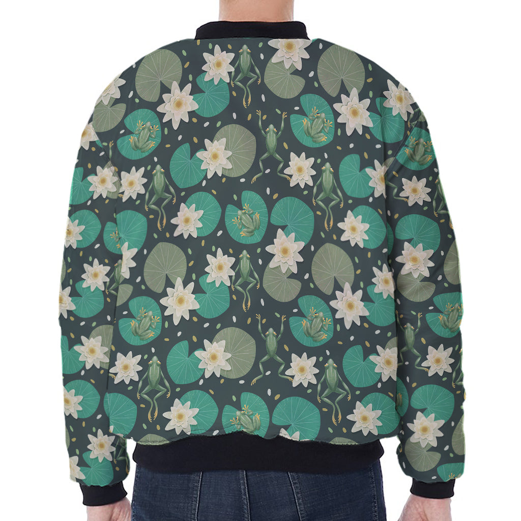 Frogs And Water Lilies Pattern Print Zip Sleeve Bomber Jacket