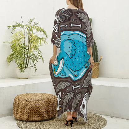 Frozen Mammoth And Fossil Print Silk V-Neck Kaftan Dress