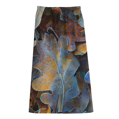 Frozen Oak leaf Print Cotton Front Slit Maxi Skirt