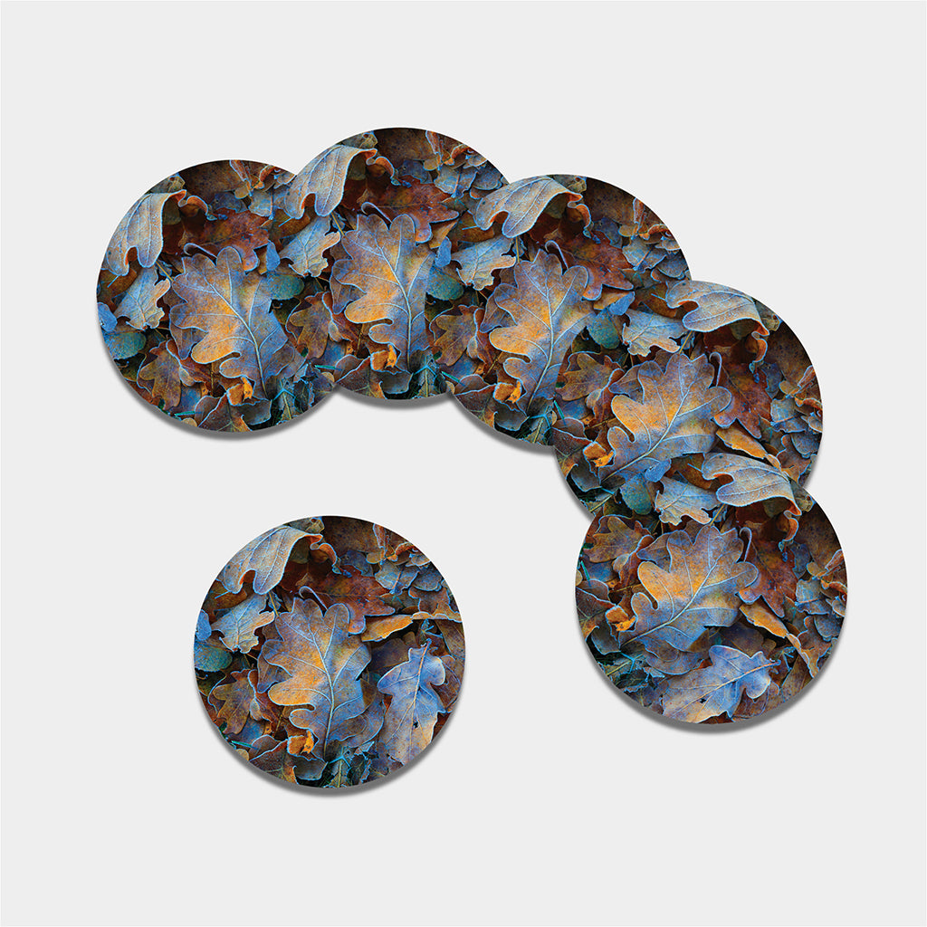 Frozen Oak leaf Print Leather Coaster Set
