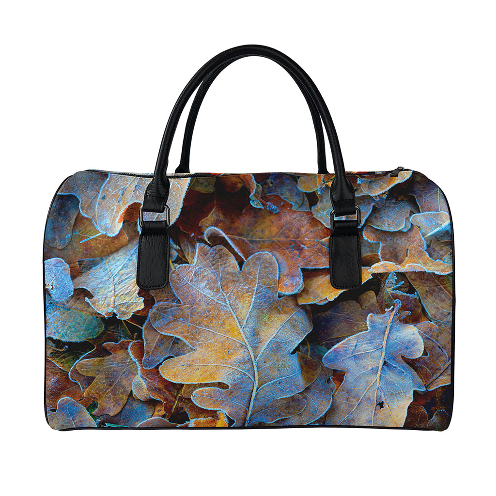Frozen Oak leaf Print Leather Duffle Bag