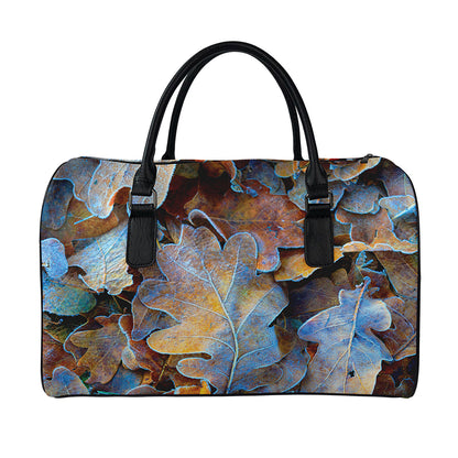 Frozen Oak leaf Print Leather Duffle Bag