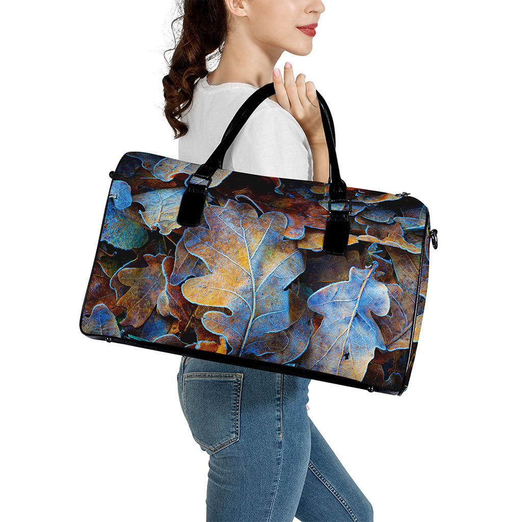 Frozen Oak leaf Print Leather Duffle Bag