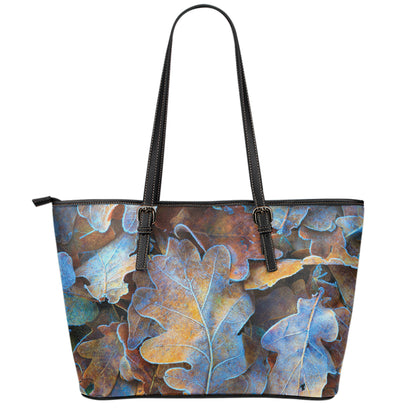 Frozen Oak leaf Print Leather Tote Bag