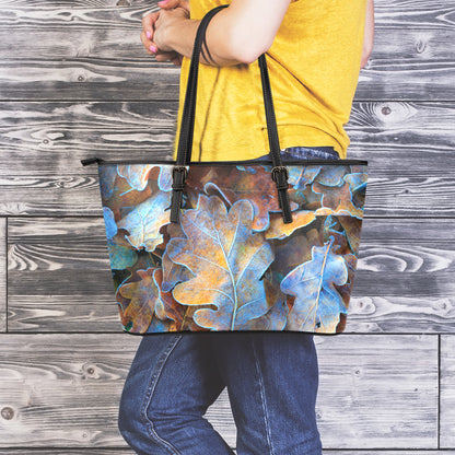 Frozen Oak leaf Print Leather Tote Bag