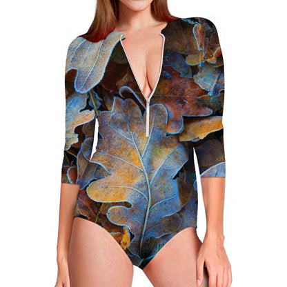 Frozen Oak leaf Print Long Sleeve Swimsuit