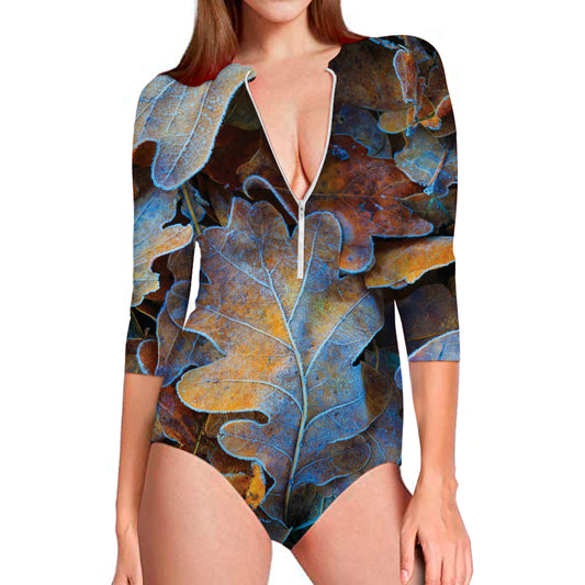 Frozen Oak leaf Print Long Sleeve Swimsuit