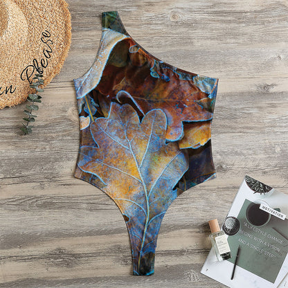 Frozen Oak leaf Print One Shoulder Bodysuit