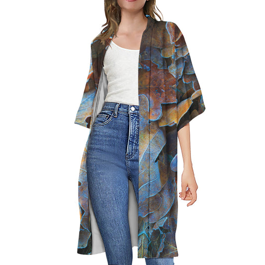 Frozen Oak leaf Print Open Front Beach Cover Up