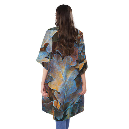 Frozen Oak leaf Print Open Front Beach Cover Up