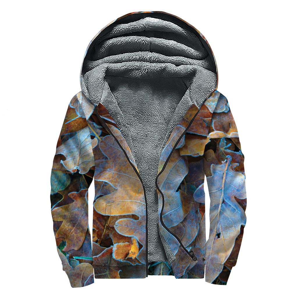 Frozen Oak leaf Print Sherpa Lined Zip Up Hoodie