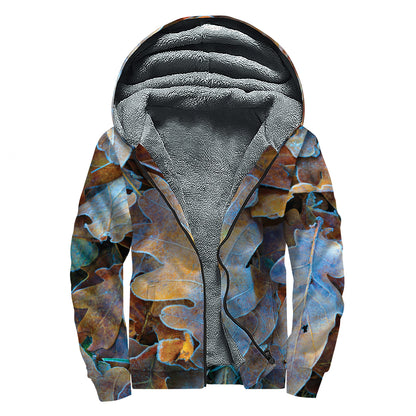 Frozen Oak leaf Print Sherpa Lined Zip Up Hoodie